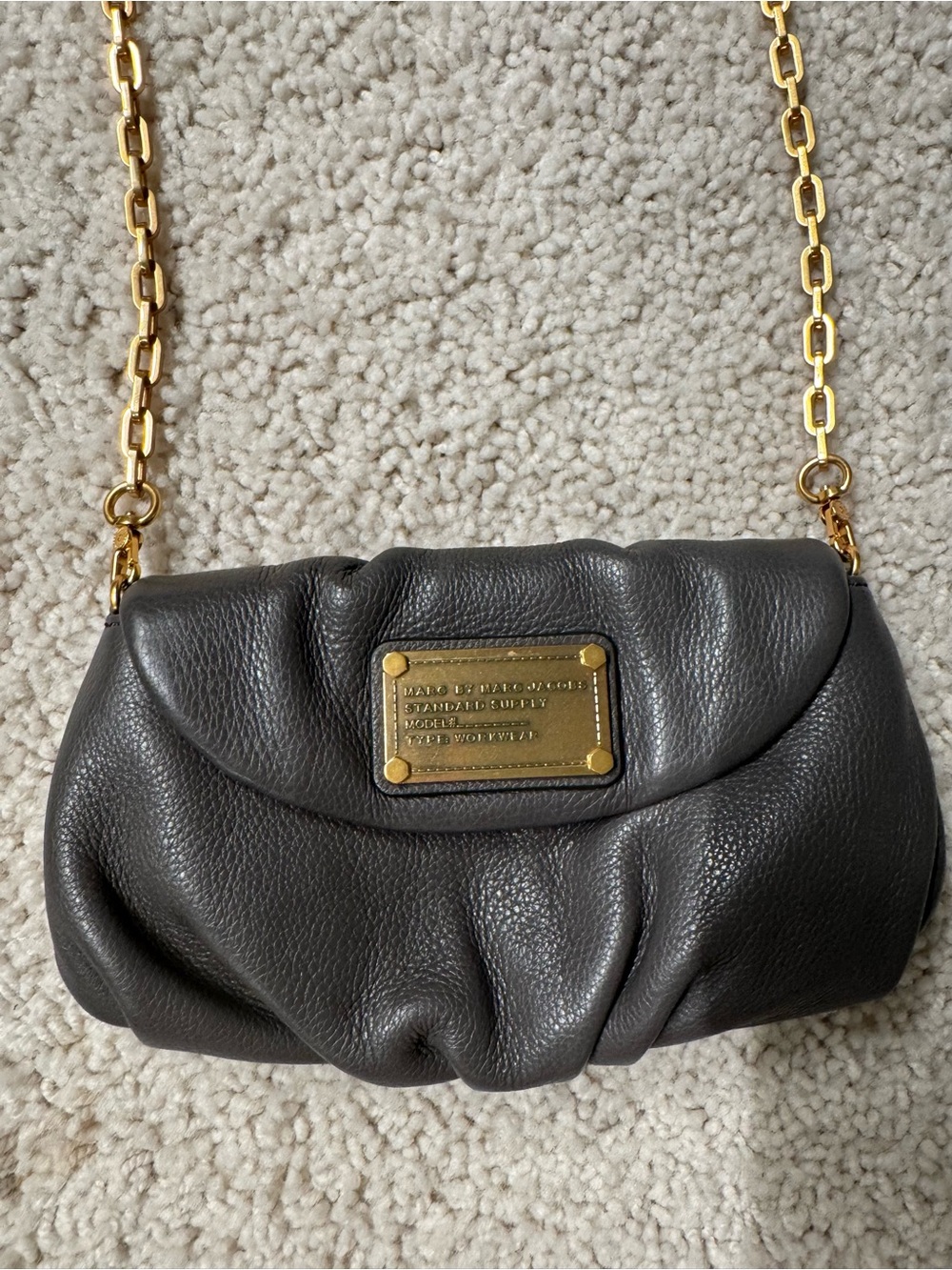 Marc by Marc Jacobs Black Pebbled Leather Crossbody with Gold Chain Plaque